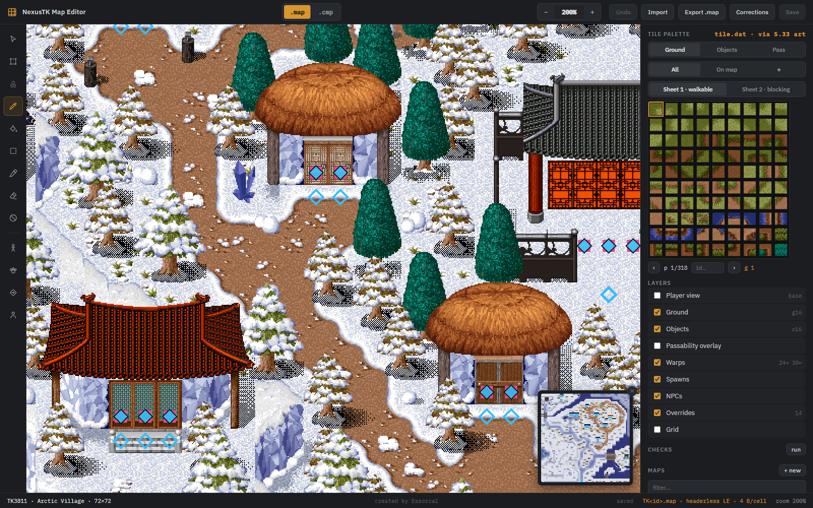 Warp diamonds, spawn dots and override squares over Arctic Village